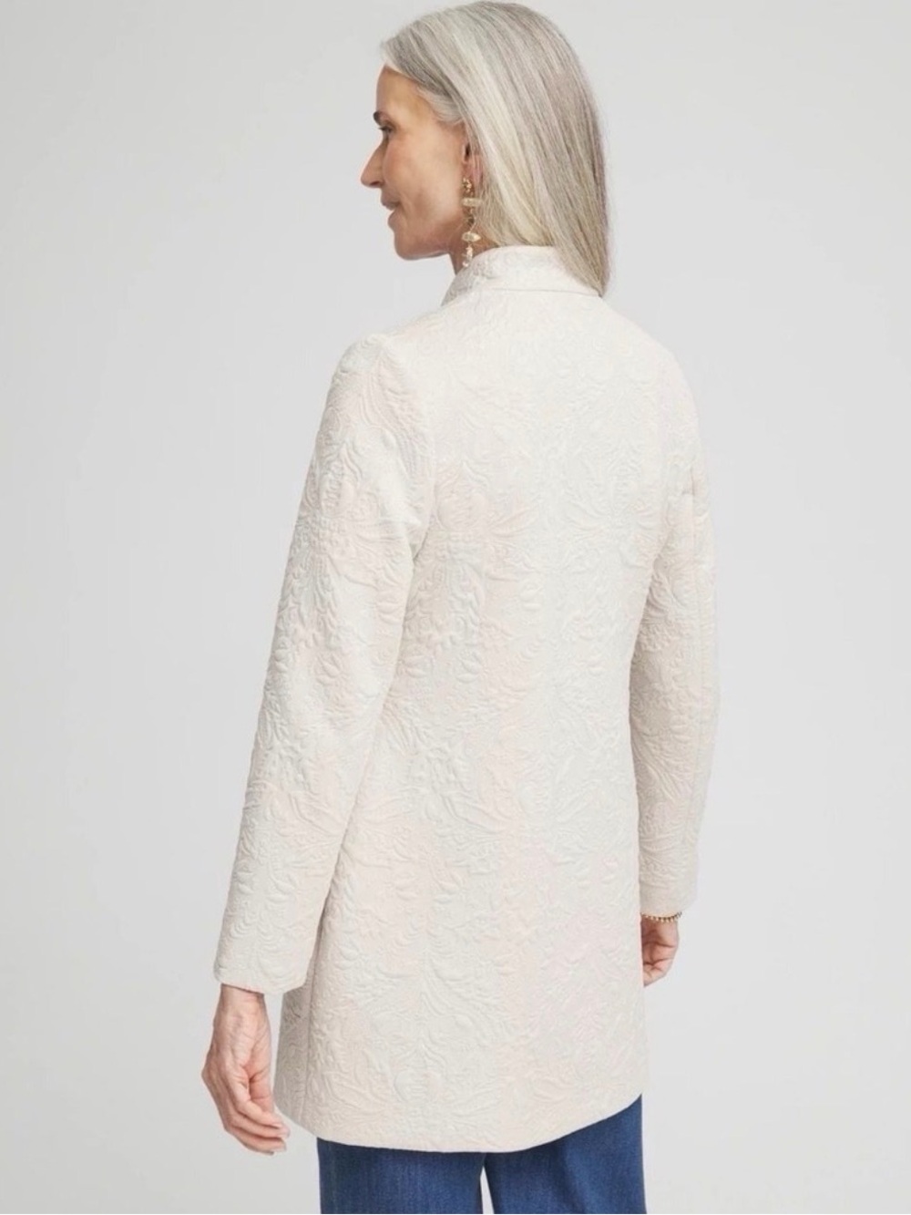 Chico’s Women’s Cream Textured Long Collarless Coat - Picture 2 of 8
